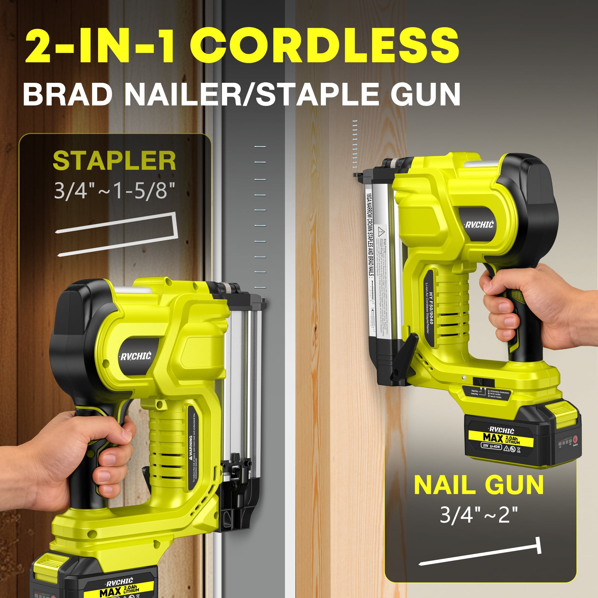 Rvchic 18GA 2-in-1 Cordless Brad Nailer with 2 * 2.0Ah Battery& 1000pcs Nails,for Woodworking,Home Improvement,Green