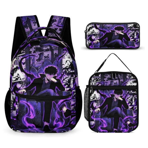 Solo Leveling Theme Backpack 3Pcs includes Bookbag, meal bags and pencil cases Casual Daypack Travel Backpacks for Work Hiking Camping