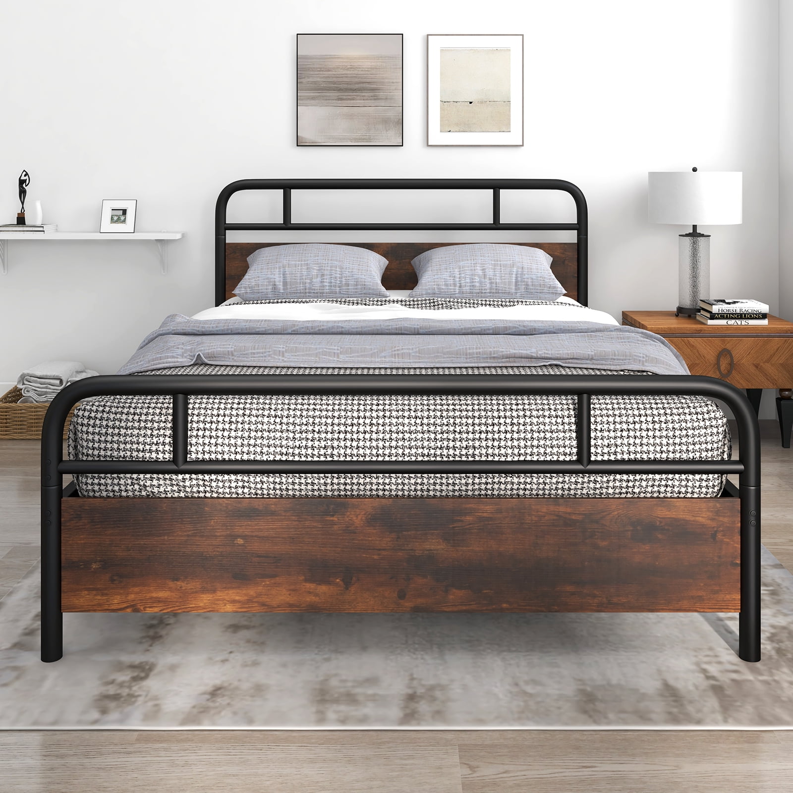 Infans Queen Size Metal Platform Bed Frame Industrial Headboard Mattress Foundation