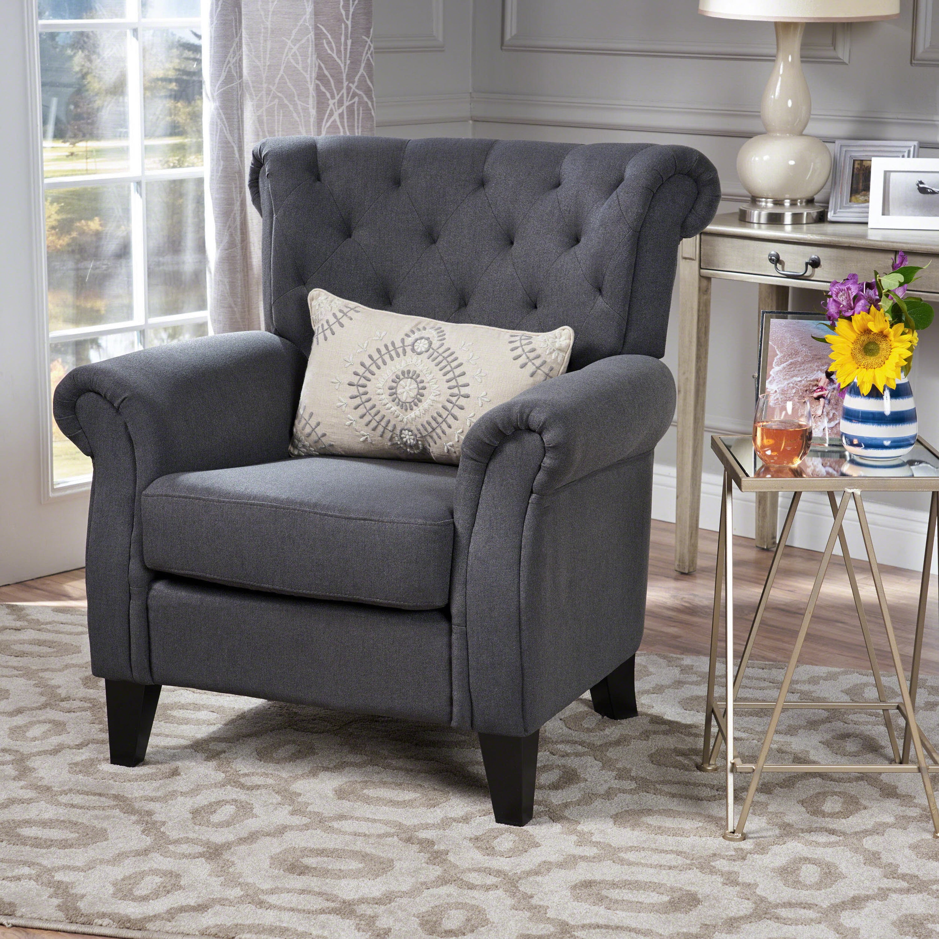 EUROCO Accent Chair, Fabric Single Seat Arm Chair with Rolled Arms, Tufted Backrest and Wooden Legs, Modern Side Chairs for Living Room, Bedroom, Office, Cafe, Dark Gray