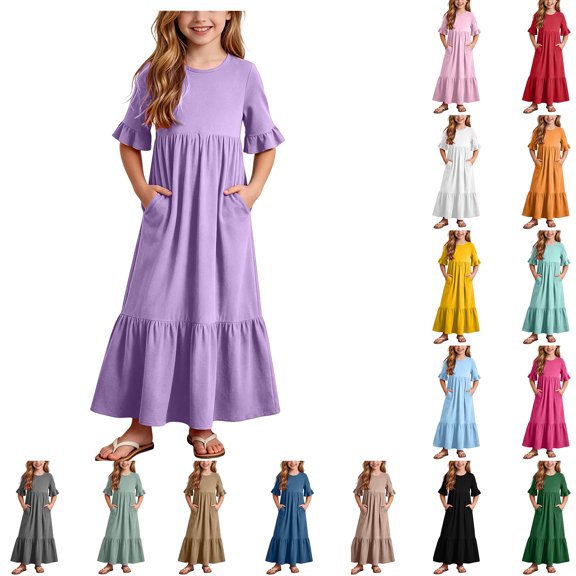 Antinious Girls Solid Pleated 3/4 Sleeve Round Neck Casual Versatile Wear Dress