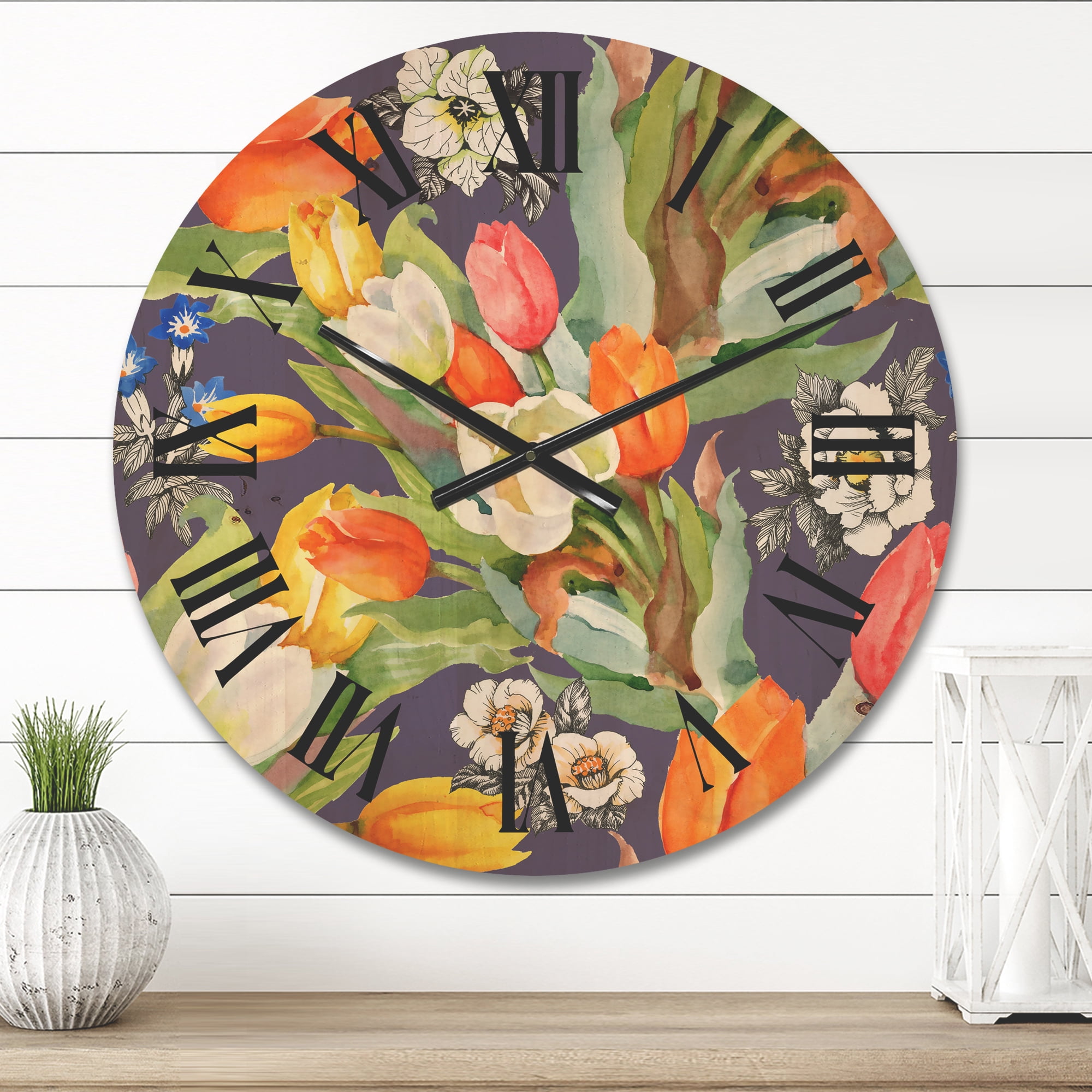 Designart 'Blooming Orange and White Tulips III' Traditional Wood Wall Clock