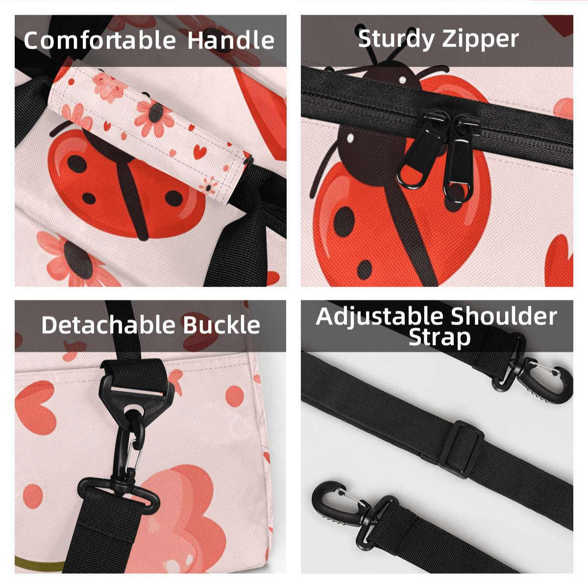 Herdesigns Cute Ladybugs Sports Duffle Bag for Women & Men, Flower Ladybugs Gym Bag Dance Bag Overnight Bag Carry On Weekender Travel Bag