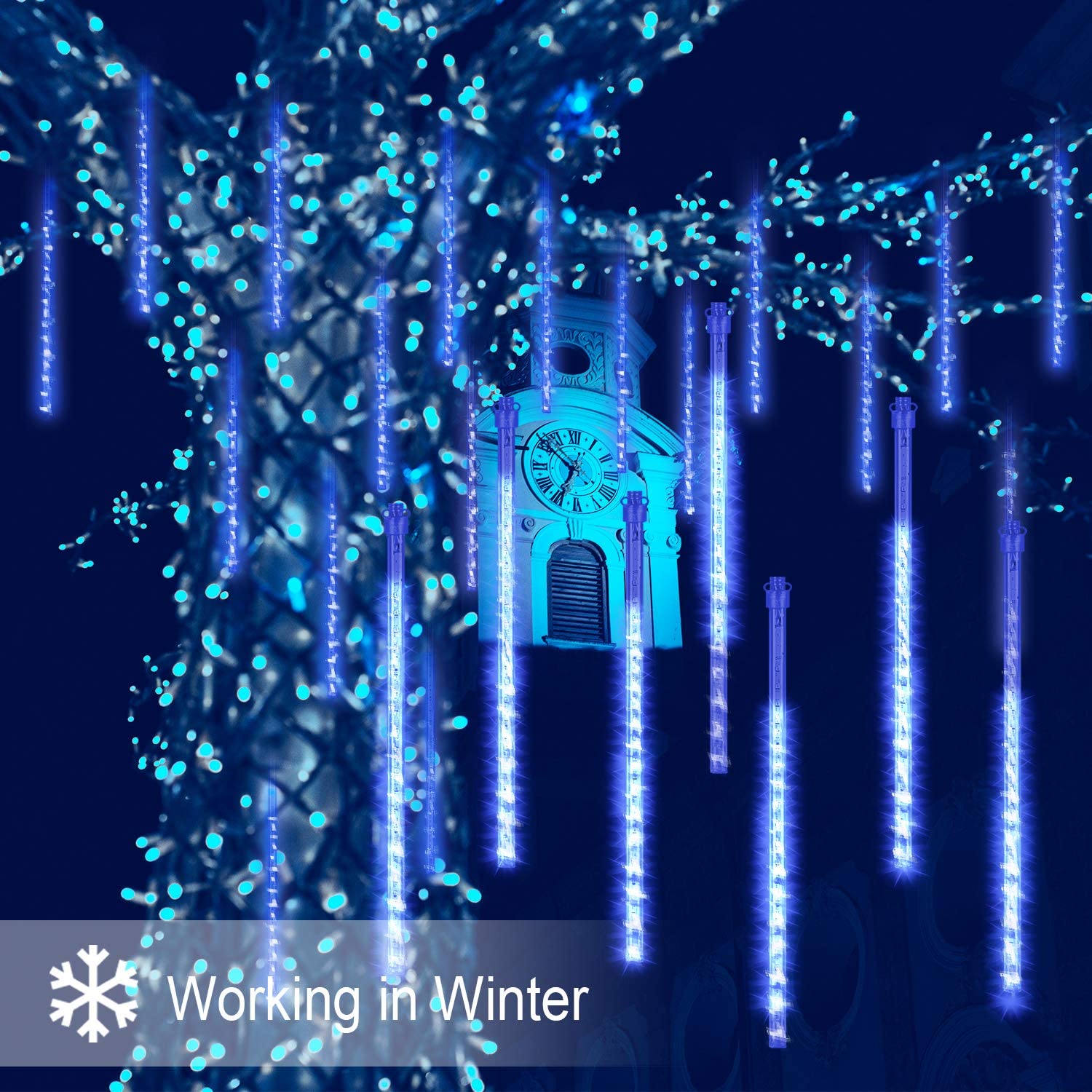 Rirool Meteor Shower Lights, 360 LED Blue Cascading Rain Lights photo 3