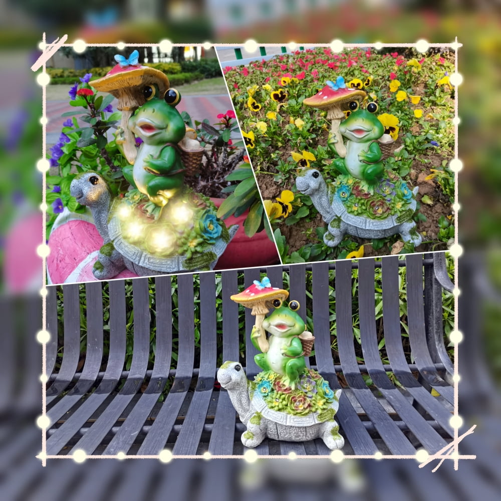 Outdoor Decor Turtle Solar Garden Statue, Frog Sit on Tortoise Holding Mushroom Sculpture