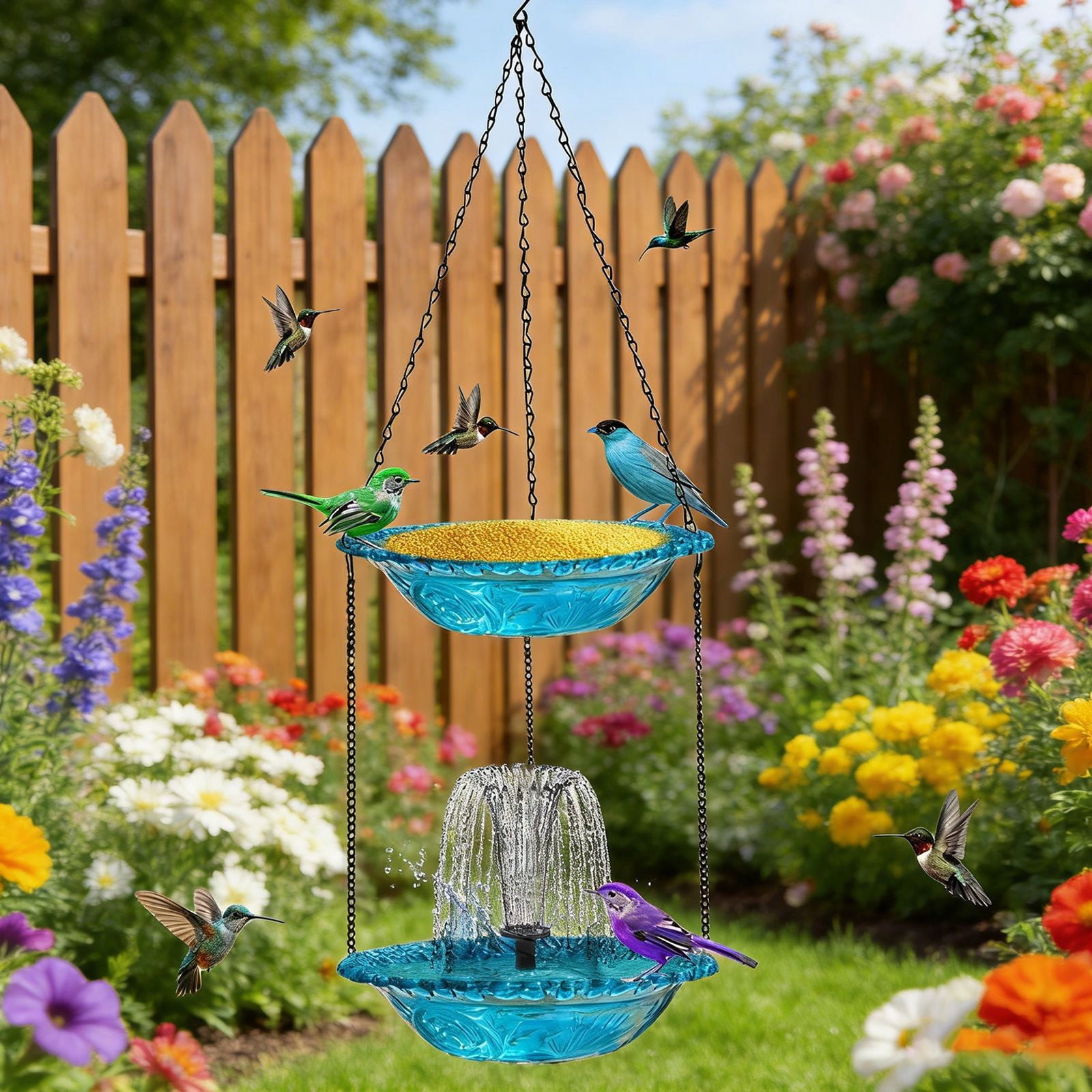 2-Tier Hanging Bird Feeder & Bird Bath, Plastic Hanging Bird Bath for Outside, Outdoor Bird Water Bowl for Garden Yard Patio Decor (Sky Blue)
