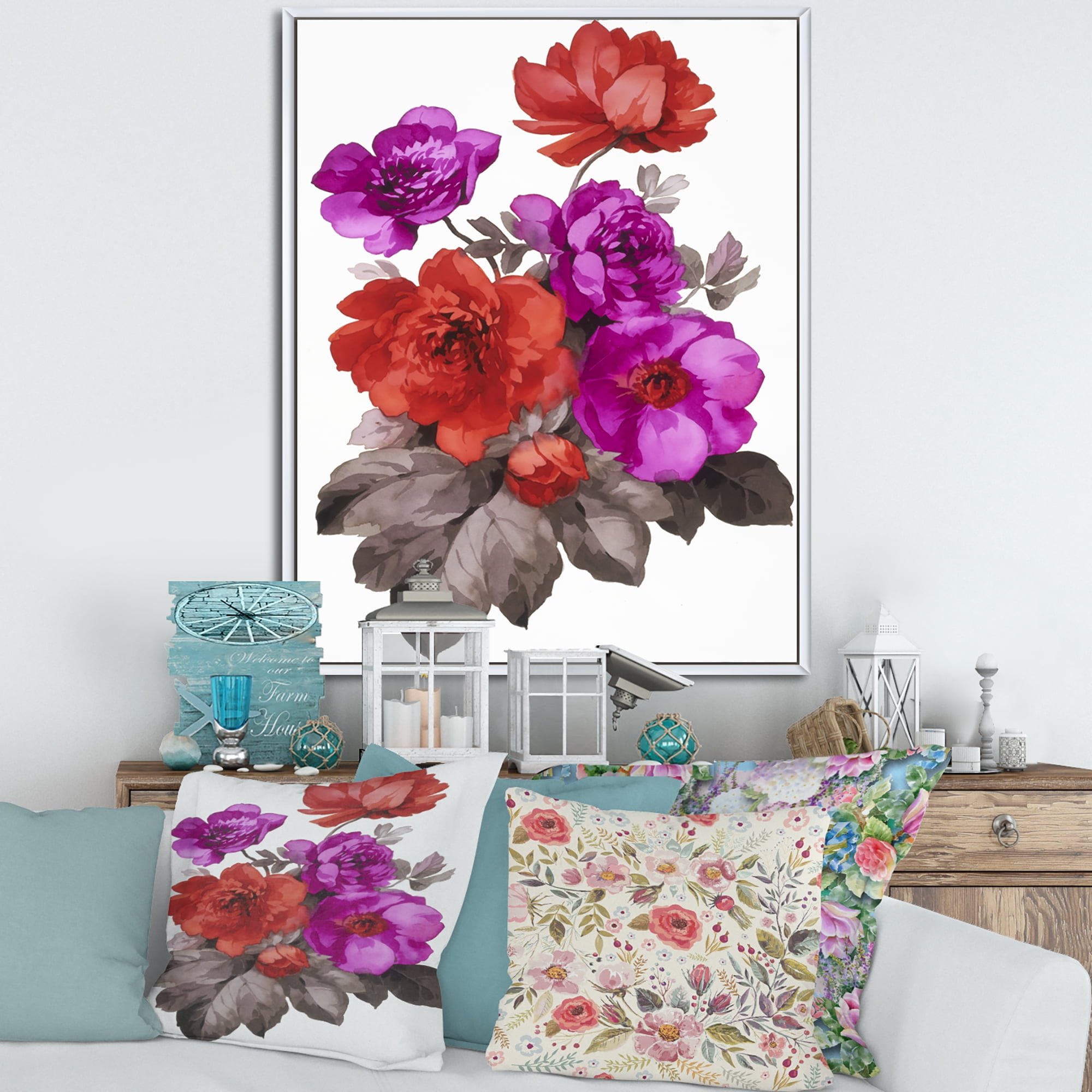 Fuchia and Red Flowers 16 in x 32 in Framed Painting Canvas Art Print, by Designart