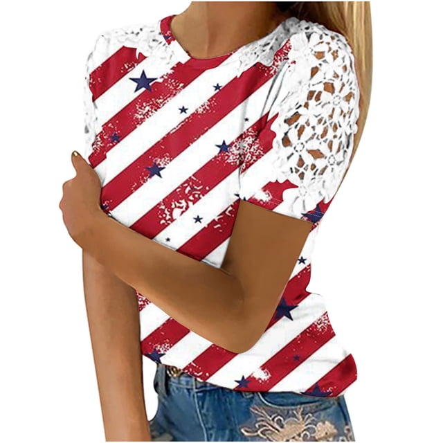 Camisas de Manga Corta para las Mujeres Impresión Cuello Redondo Suéter Encaje Camisa, Blusa de Verano Casual para las Mujeres
