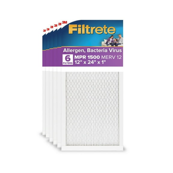 Filtrete 12x24x1 HVAC Furnace Air Filter, MPR 1500 MERV 12, Allergen, Bacteria, Virus, 6 Pack