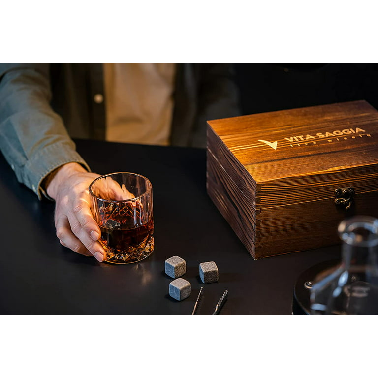 Cool Stones Whiskey Glass Gift Set - 2 Whiskey Glasses and Whiskey Stones  with Tongs in Velvet Bag All Presented in an Elegant Wooden Box for Men