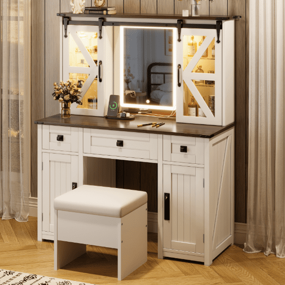 Euroco 43.3" Farmhouse Makeup Vanity Desk with Lighted Mirror,Dressing Table with Sliding Barn Door Hidden Shelves & 3 Drawers & 2 Cabinets, Beige