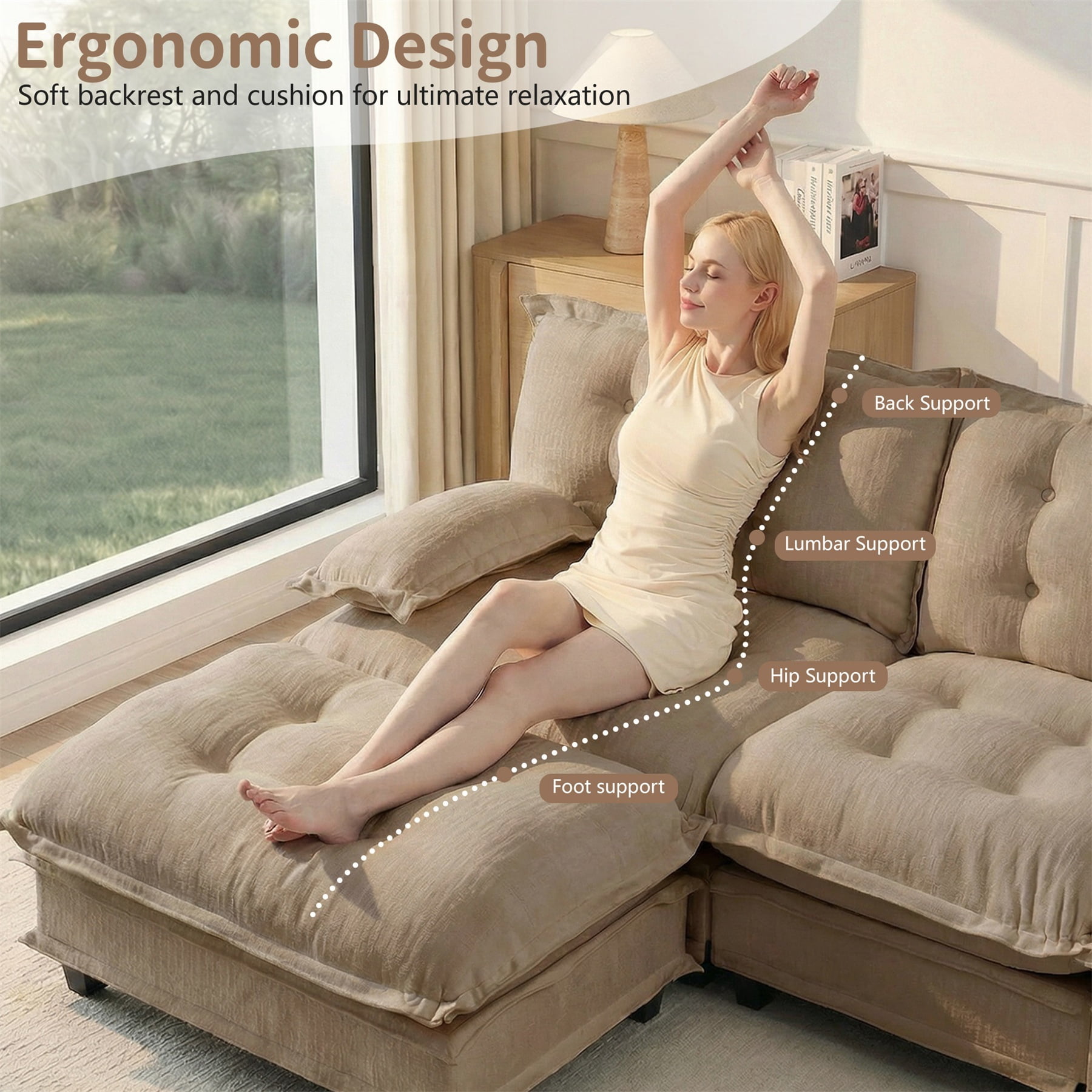 Alvantor U-Shaped Sectional Sofa 3-Seater Cloud Couch for Living Room, Easy Assembly Light coffee