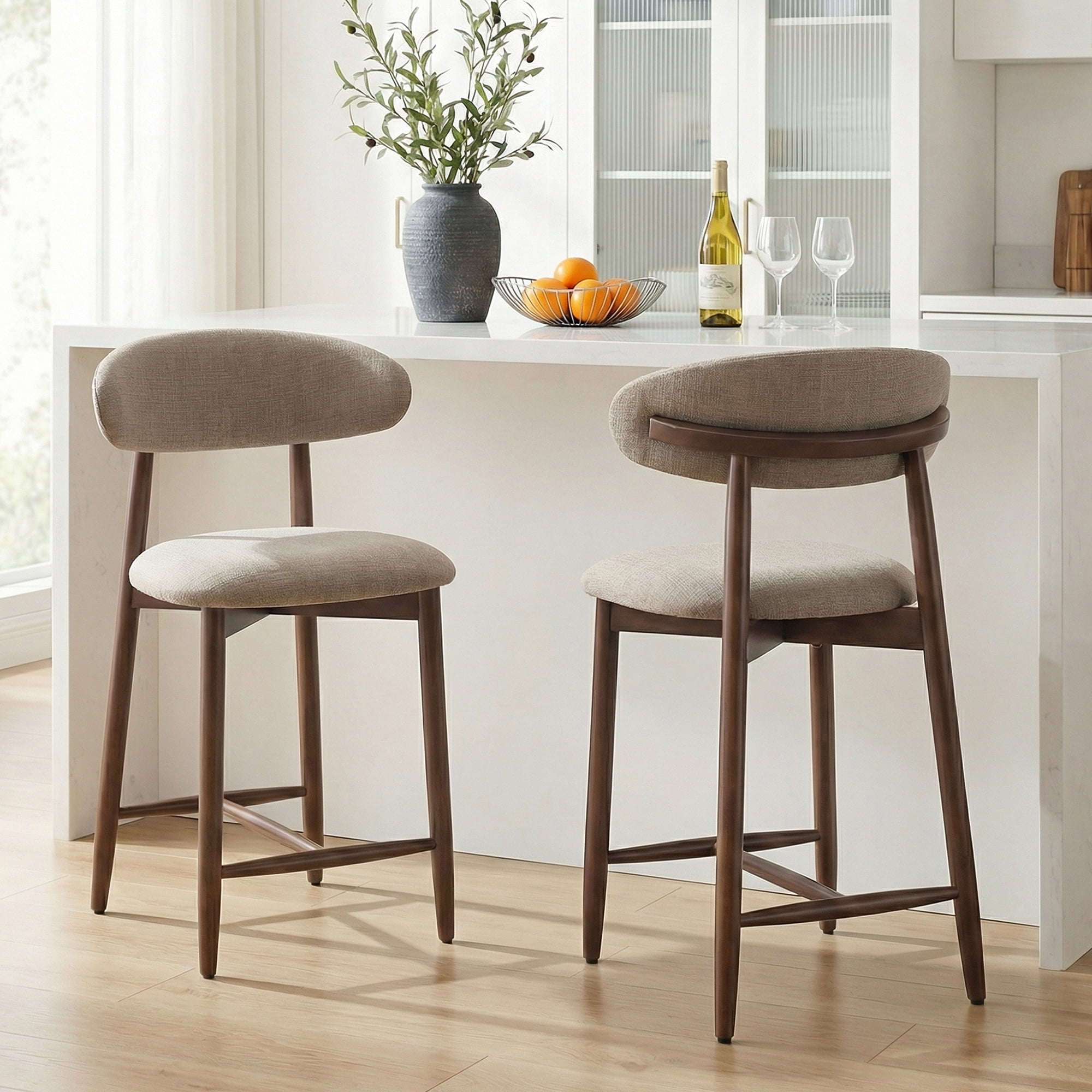 Mid Century Modern Kitchen Bar Stools Set of 6, Counter Height Stools with Curved Back and Wooden Frame,Upholstered Seat Camel