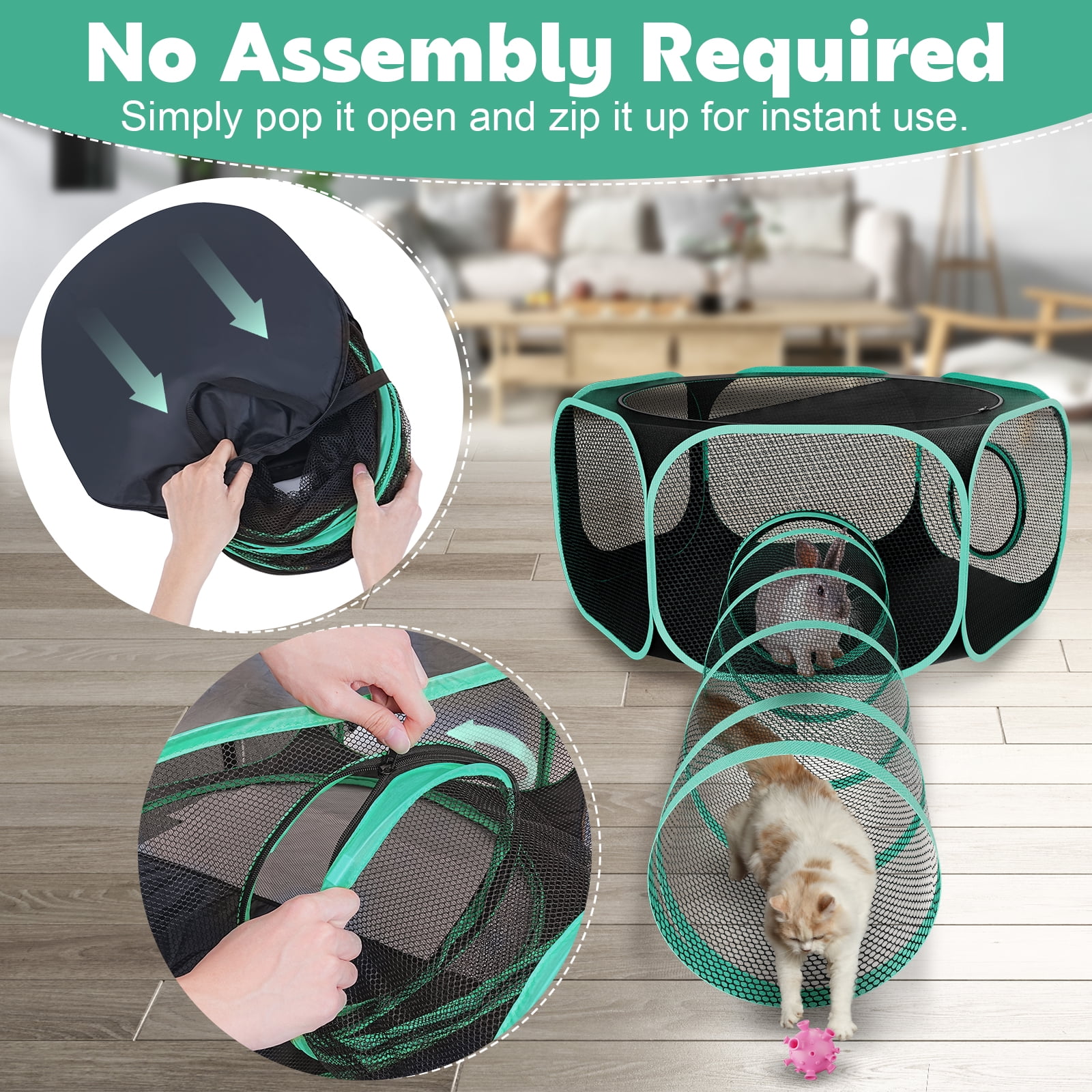Hutact All-in-1 Pet Playpen with Tunnel for Cats Rabbits Exercise, 47" Portable Cat Playpen with Shade Top for Indoor/Outdoor Travel Small Dog Playpen