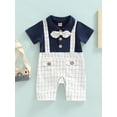 thumbnail image 2 of hirigin Baby Boy's Romper, Lapel Collar Short Sleeve Bow-Tied Plaid Printed One Piece Patchwork Jumpsuit, 2 of 9