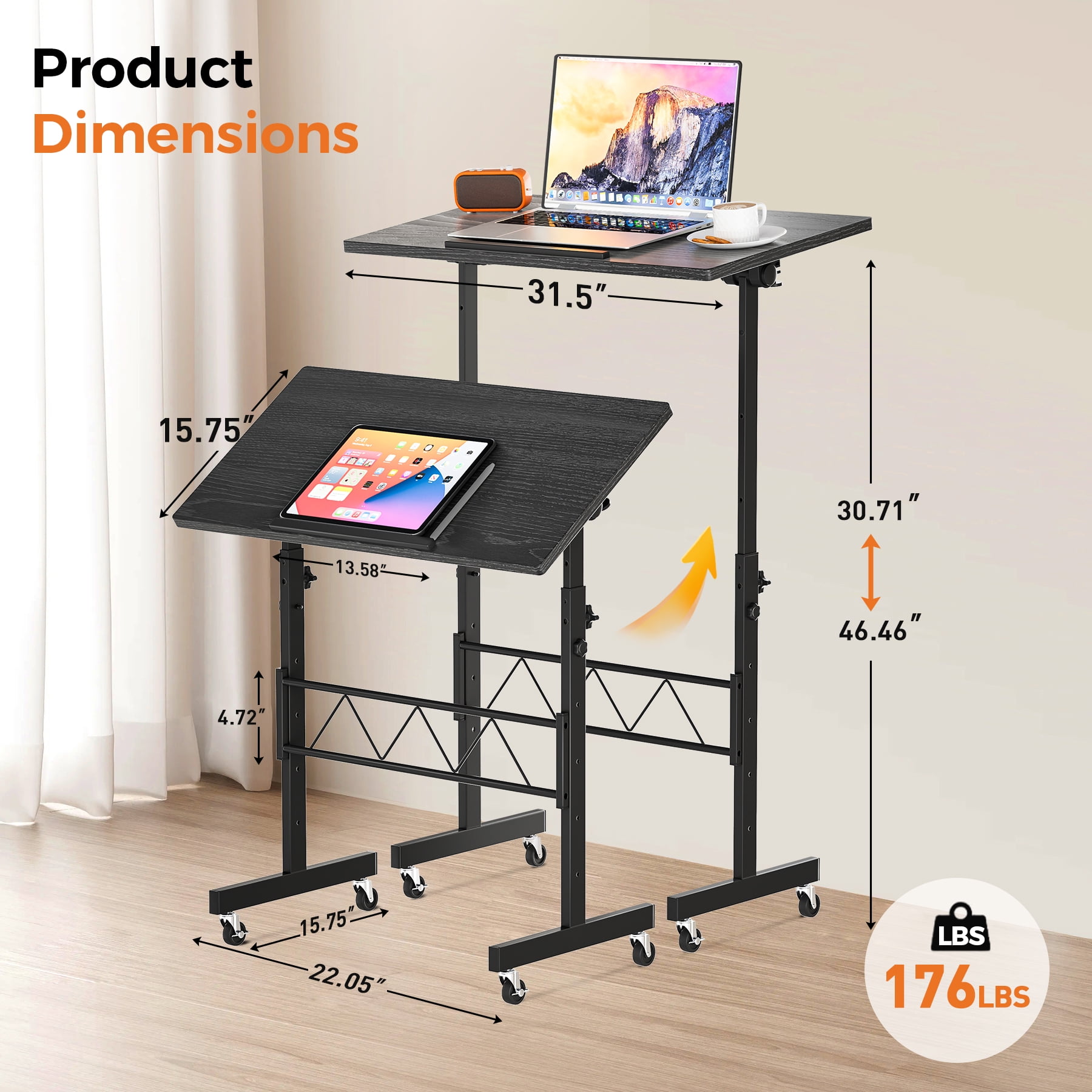 EXRACING Portable Standing Desk with Tiltable Top, Small Mobile Laptop Table with 31.5" x 15.75" Surface, Rolling Desk for Home Office or Walking Pad, Black
