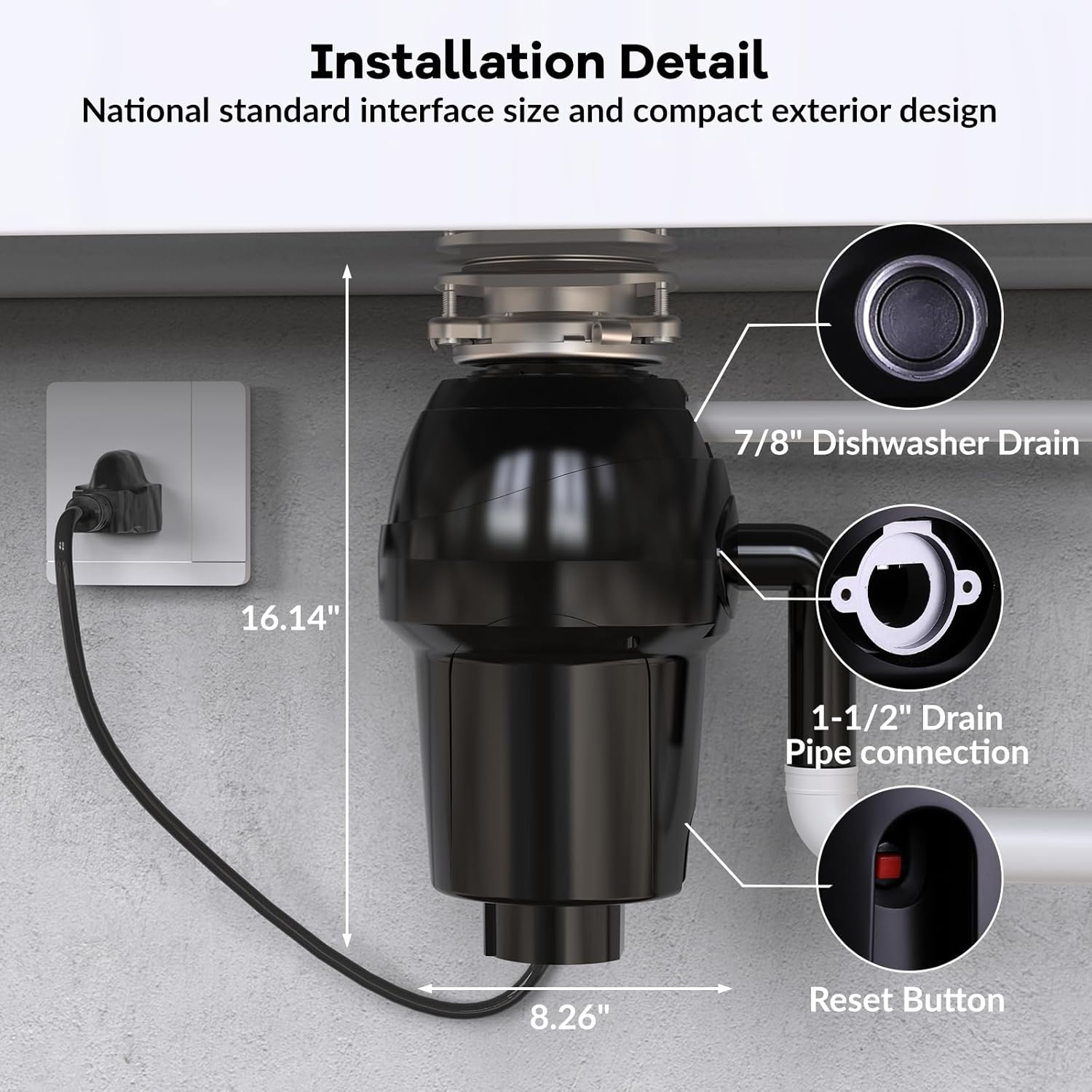 Garvee 3/4 HP Garbage Disposal with Air Switch, 4-Stage Grinding, 3500 RPM, Quiet Food Waste Disposer, Stainless Steel & ABS, for Kitchen, Matte Black
