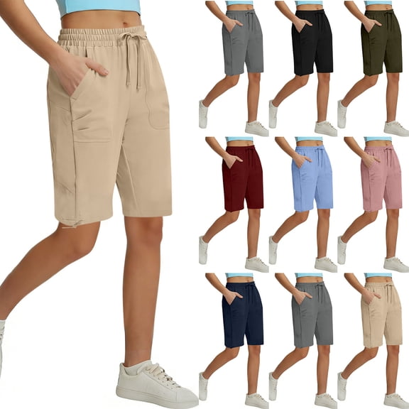 Womens Long Shorts with Pockets Drawstring Elastic Waisted Straight Leg Cargo Sweat Short Summer Sweatshorts (XL, Khaki)