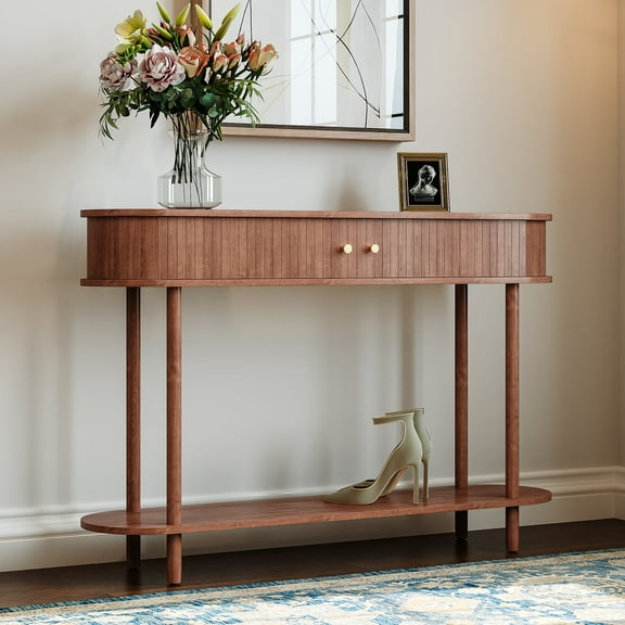 HLR Mid Century Sofa Entryway Table, Console Table with Tambour Sliding Door for Living Room Hallway, Brown