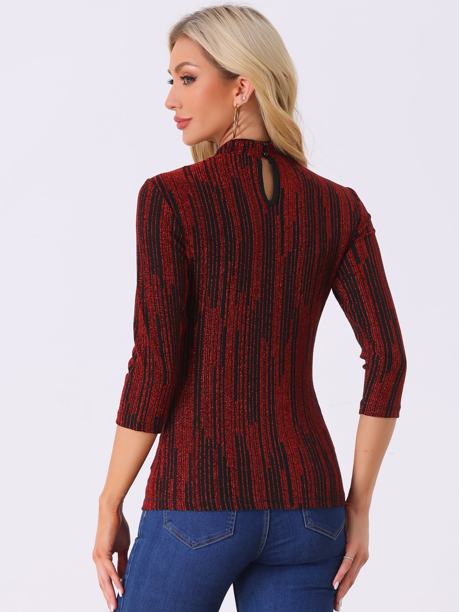 DARING DIVA Party Glitter Shiny Striped Metallic Top L Red