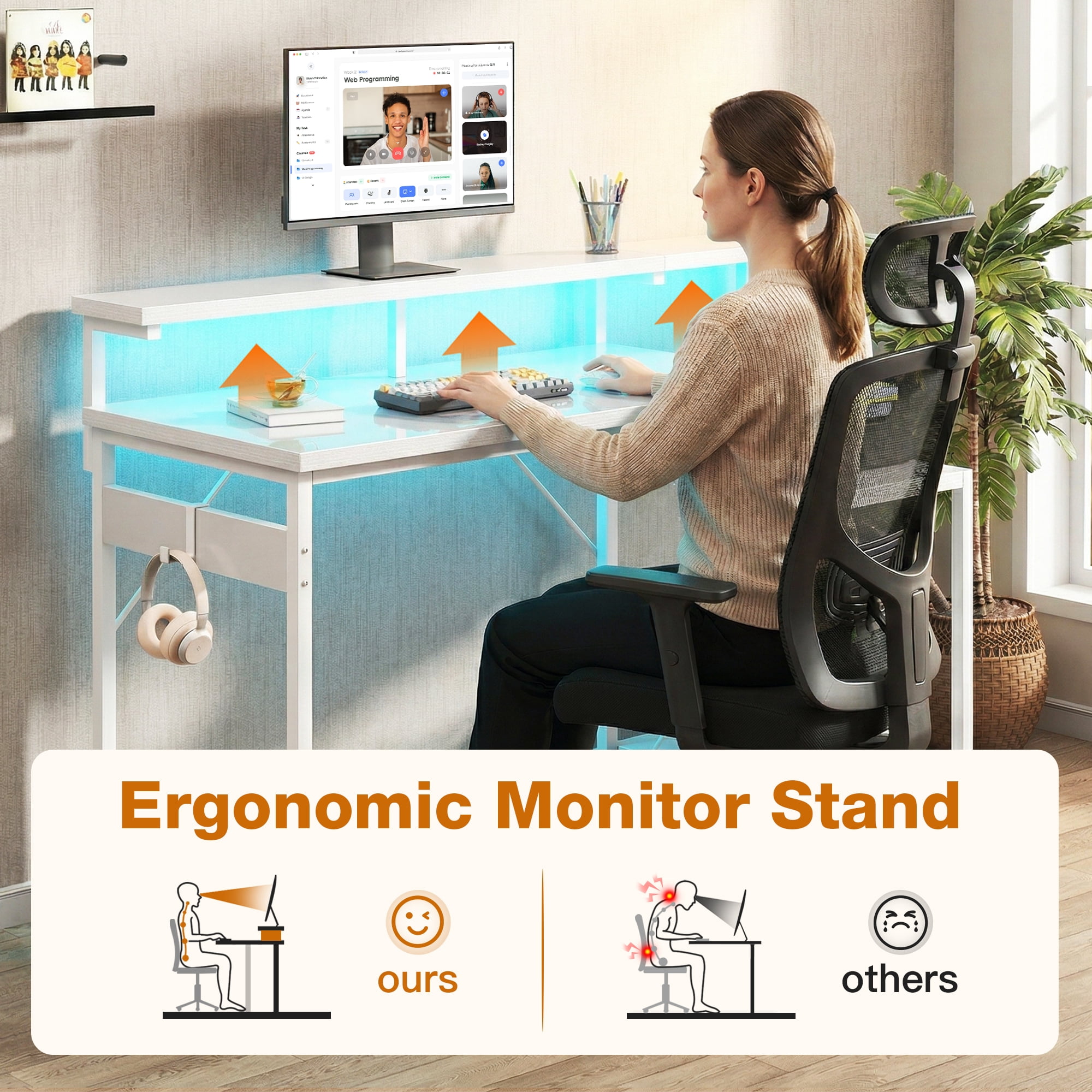 Casacomoda 48 Inch Computer Desk with Monitor Stand & LED Lights, Home Office Desk with Adjustable Storage Shelf & CPU Stand, White
