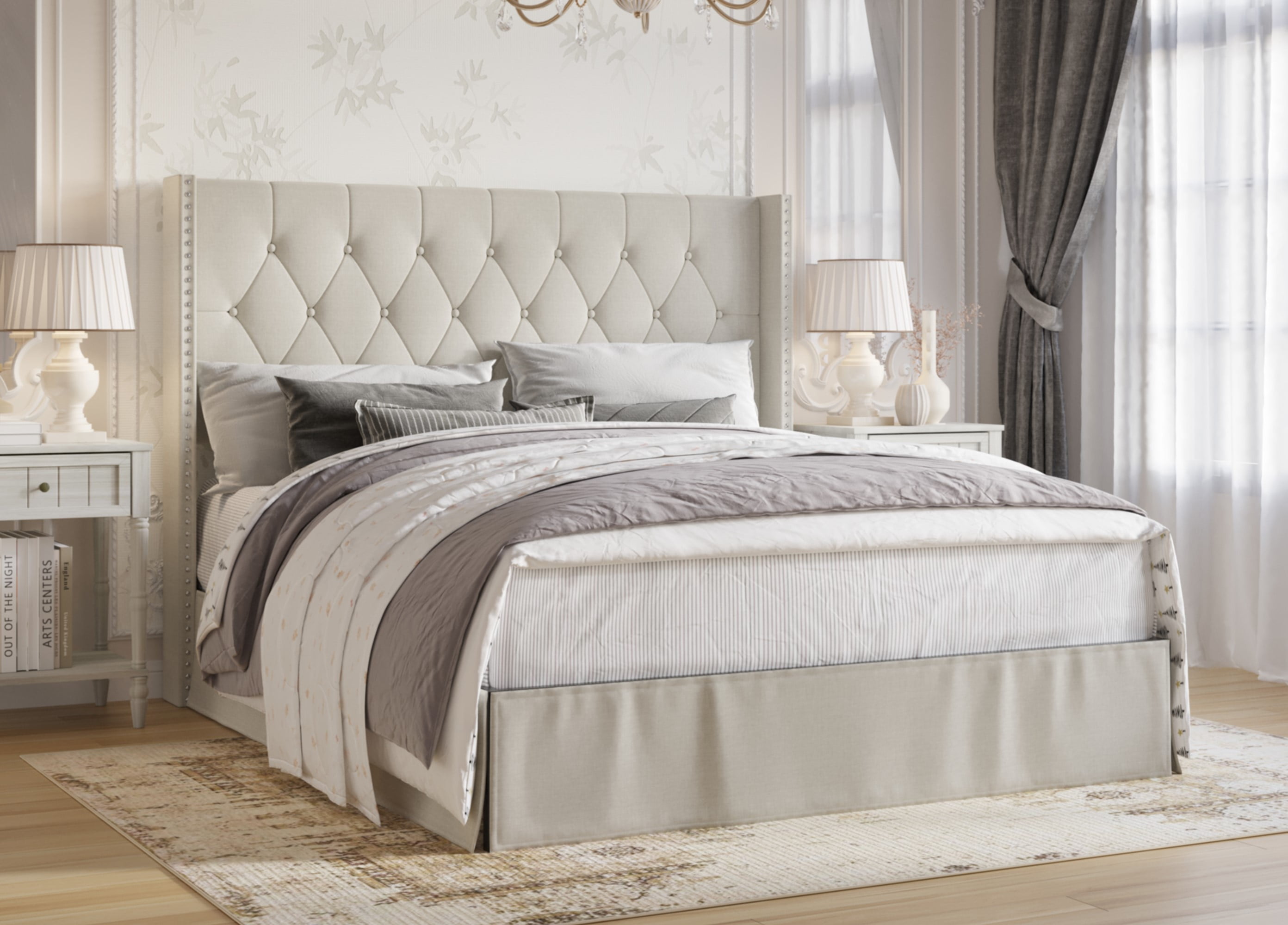 Home Design Billy Queen Upholstered Panel Bed Frame with 2 Nightstands, Warm Gray/Light Gray