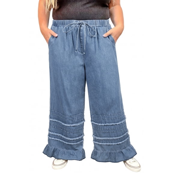 TinyCribz Women's Plus Size Denim Pants – Relaxed Ruffled Wide Leg 4X