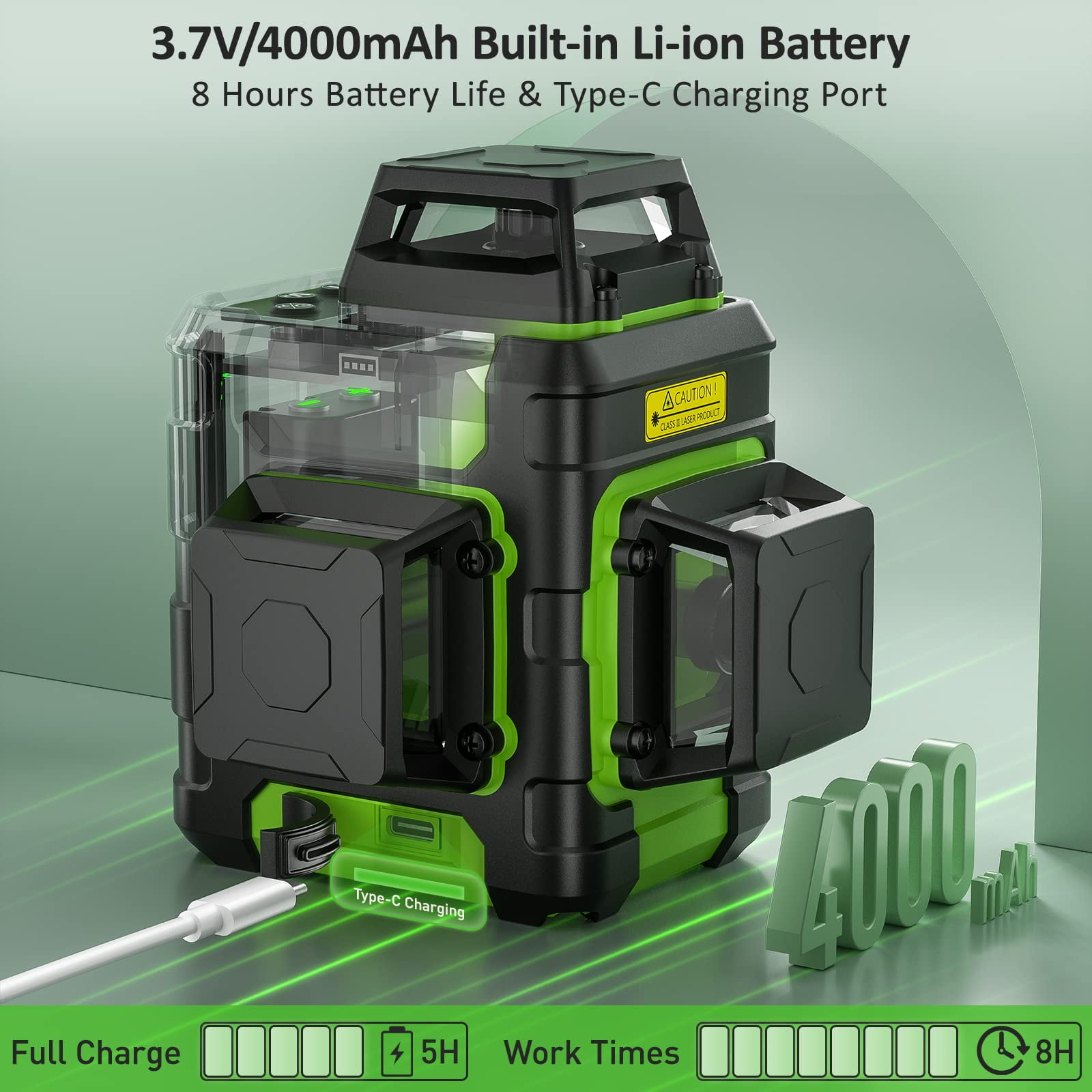 3D 12 Lines Self-Leveling Laser Level, 200Ft Green Beam 3 x 360° Outdoor Cross Line Laser Level Tool with Li-ion Battery, Magnetic Bracket and Hard Carry Case