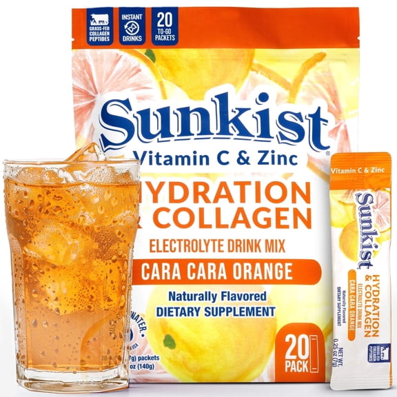 ​Sunkist Collagen Cara-Cara Orange Drink Mix, Electrolyte Hydration Powder with Vitamin C & Zinc, 20 Packets​