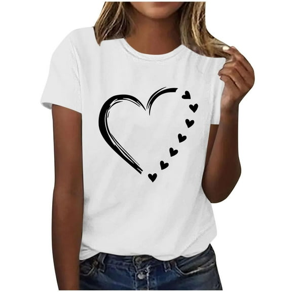 zbxnLI Plus Size Shirts for Women's Heart Printed Top Crew Neck Short Sleeve T Shirt Casual Basic Tee Spring Clothes