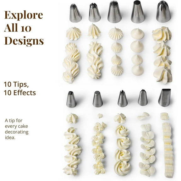 10-Piece XL Piping Tips Set – Stainless Steel Cake Decorating Nozzles with 20 Disposable Pastry Bags, Perfect for Frosting Cupcakes, Cookies & Baking Projects