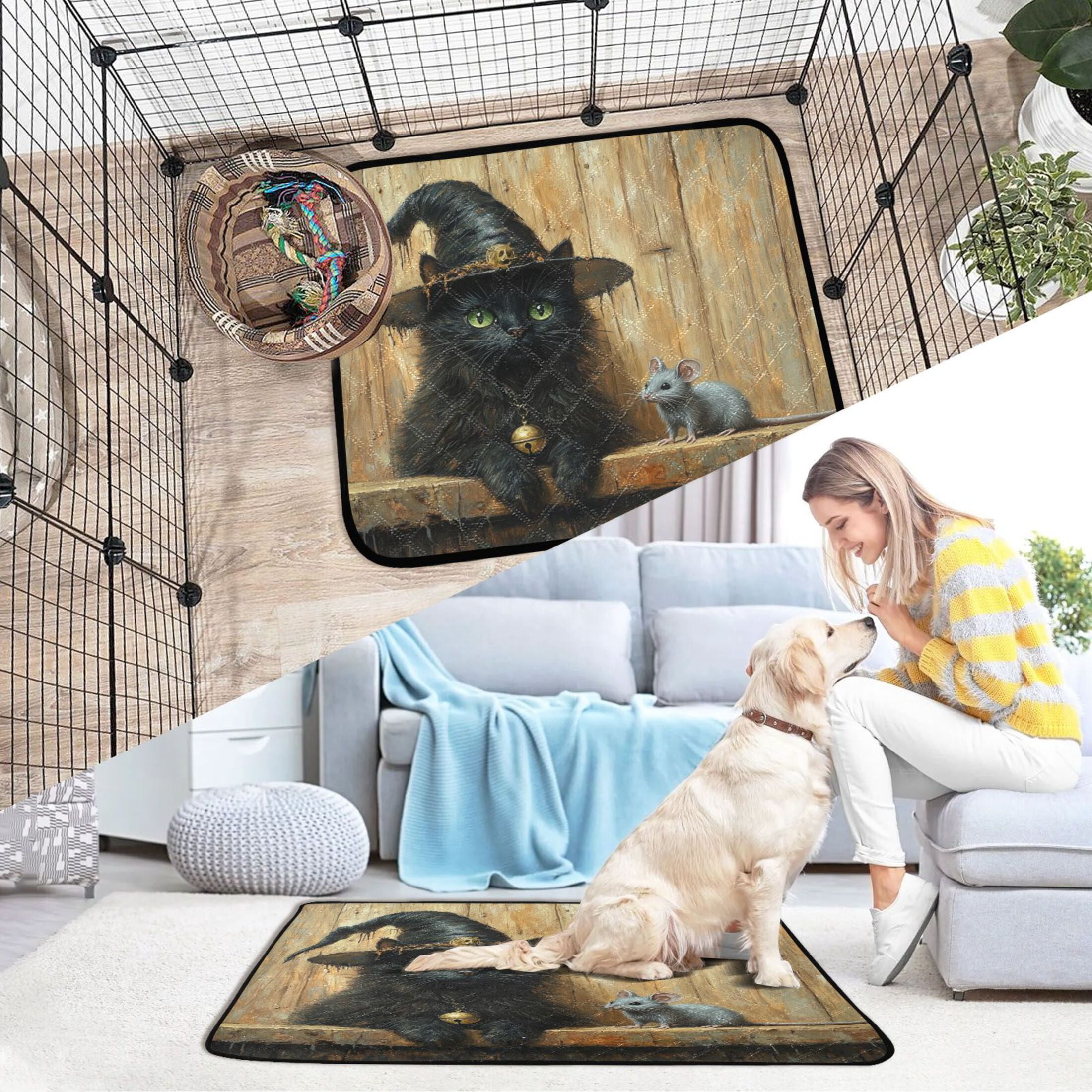 Qxltty Black Cat Meet Gray Mouse Cat litter Pads Pet Set of 3 Diaper Mats Center Anti-leakage Layer Absorbent Soft and Comfortable