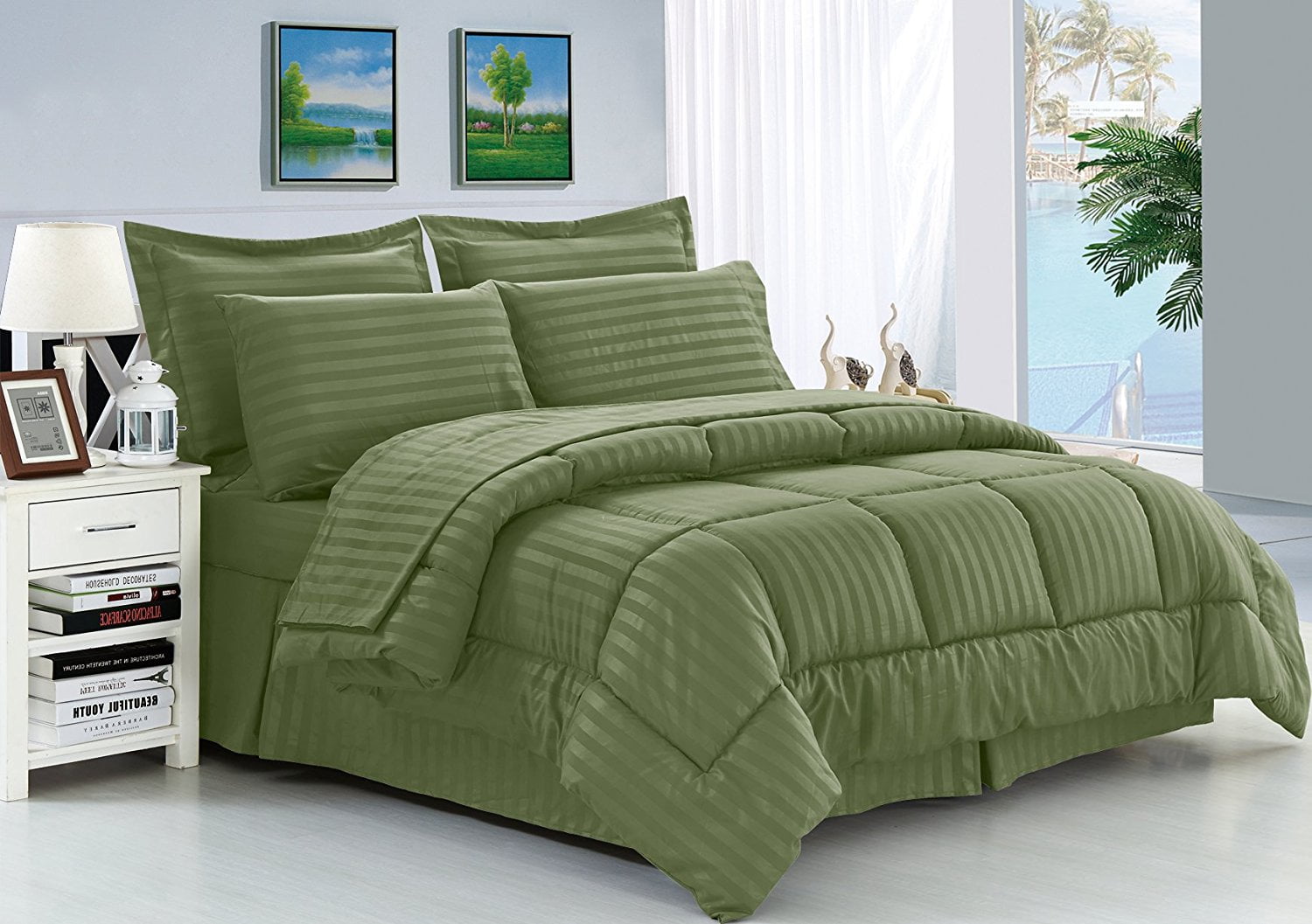3-Piece Sage Damask Dobby Stripe Down Alternative Comforter Set 