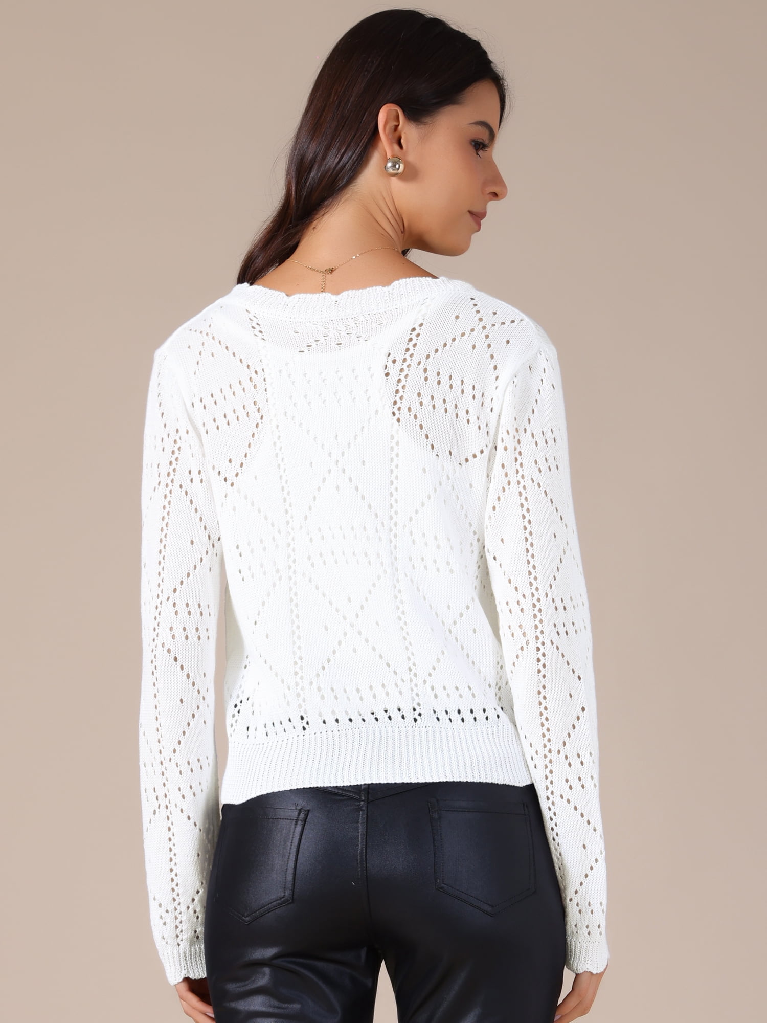 DARING DIVA Women's Long Sleeve Cropped Knit Button Up Crochet Cardigan S White