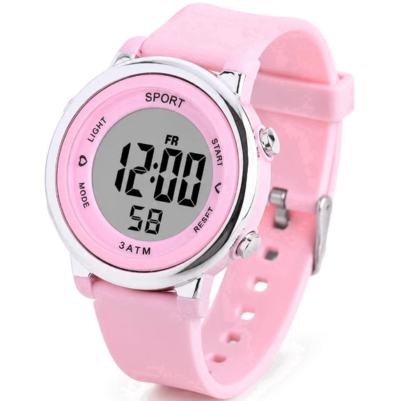 Kids Digital Watch for Girls - 30M Waterproof Sport Watch with 7-Color Night Light, Stopwatch & Alarm, Pink Wristwatch for Kids Ages 3-16