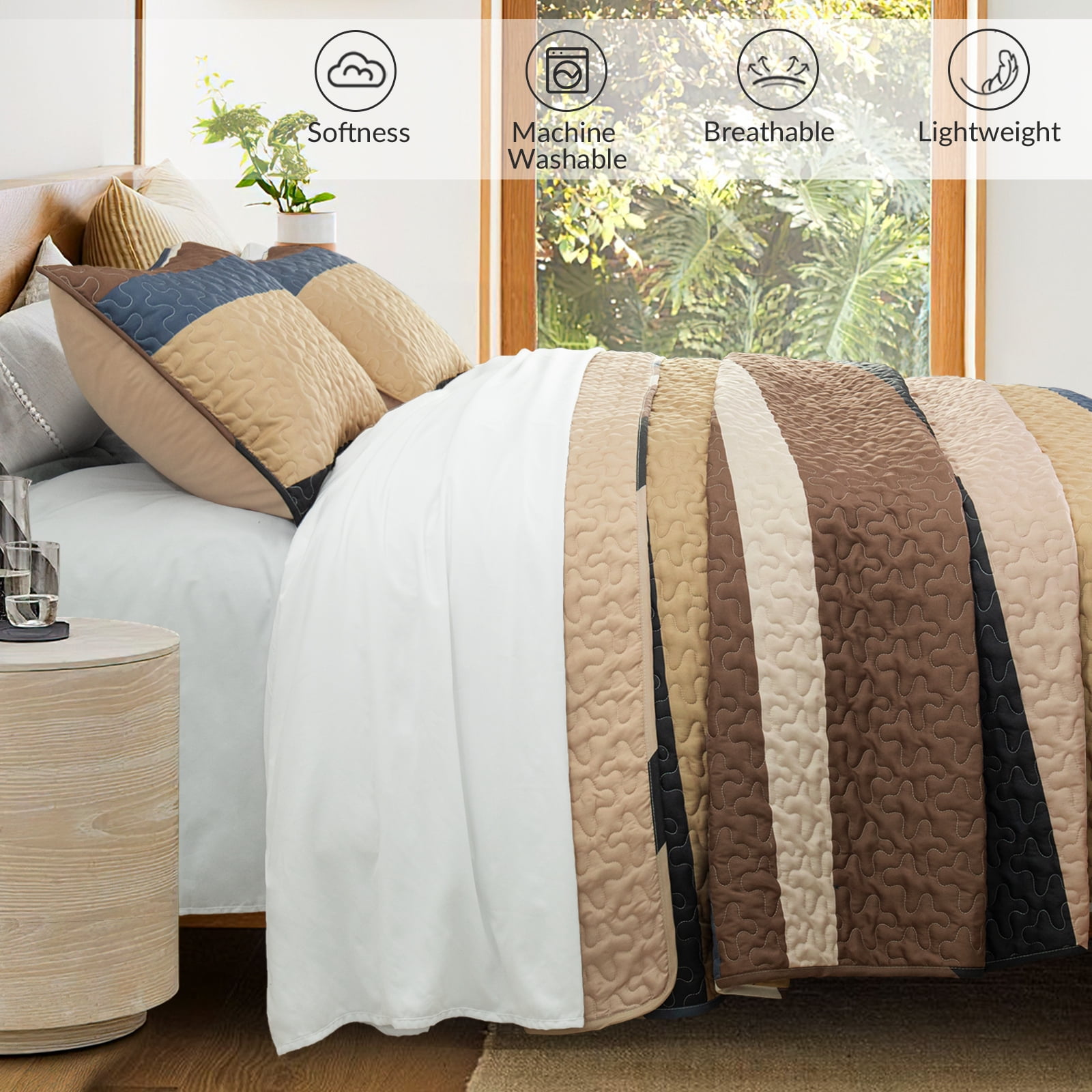 Whale Flotilla Reversible Ultra Soft Printed Quilts Queen Size, Lightweight Patchwork Geometric Stripes Bedspreads Coverlets Queen Quilt Bedding Set with 2 Pillow Shams for All Seasons, Camel