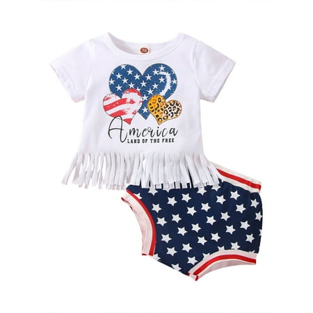 

Nokpsedcb 2Pcs Independence Day Pants Set Infant Baby Girls Letter Heart Print Short Sleeve Tassel T-shirt + Star Stripe Print Shorts White Heart 18-24 Months