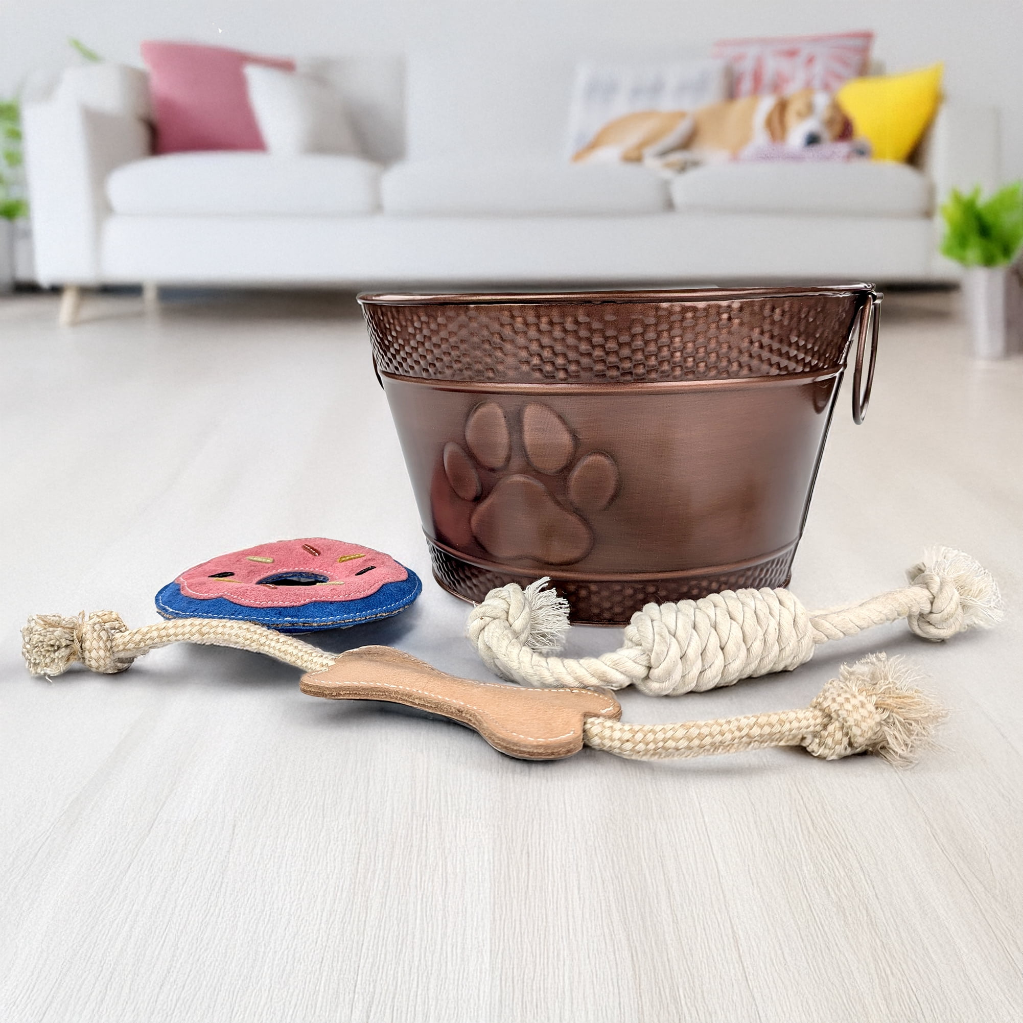BREKX Home + Party Metal Dog Toy Box with 3 Dog Toys, For Aggressive Chewers, Bronze, Round & Paw