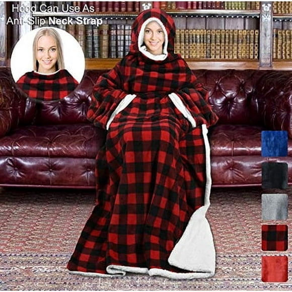 Tirrinia Red Buffalo Plaid Sherpa Hood Wearable Blanket for Adult Women and Men, Super Soft Comfy Warm Plush Throw with Sleeves TV Blanket Wrap Robe H