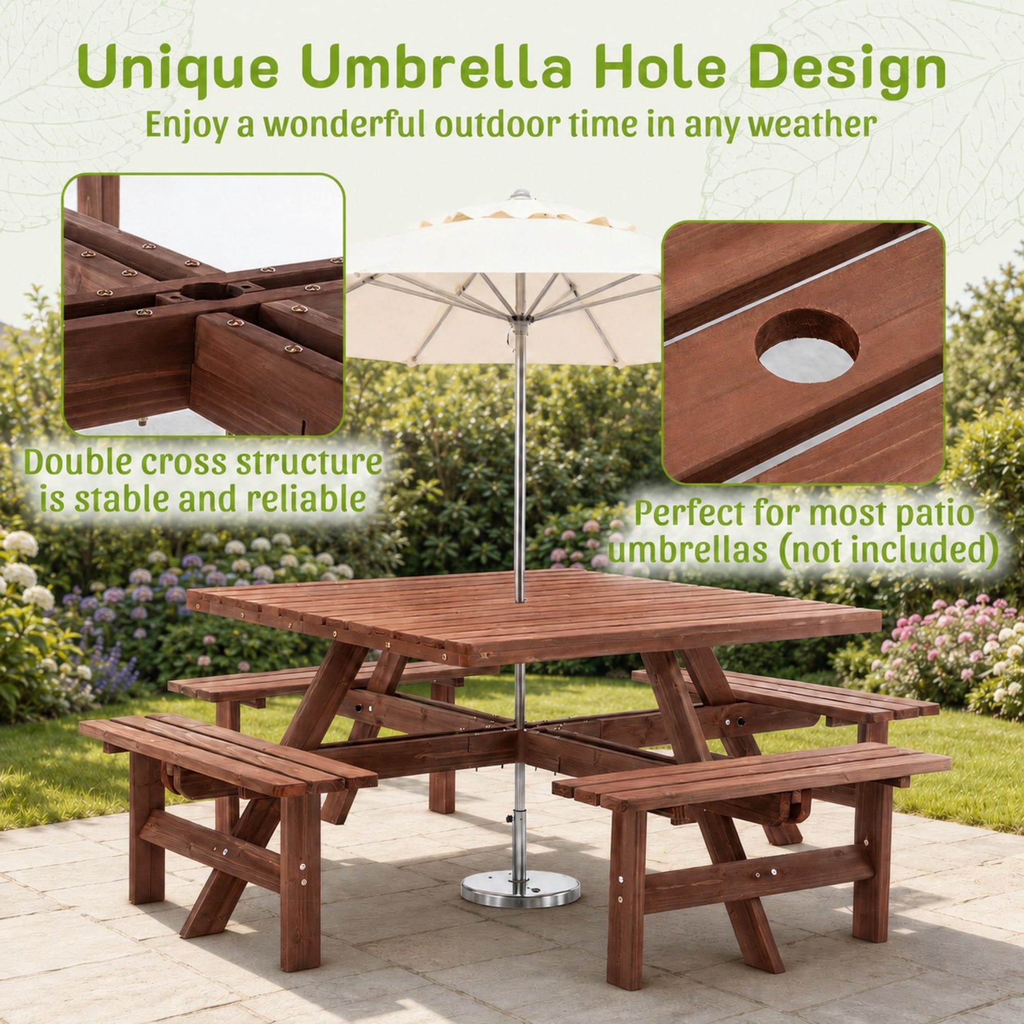 DEALTOPS 8-Person Solid Wood Square Picnic Table Set with Umbrella Hole & 4 Built-in Benches for Patio