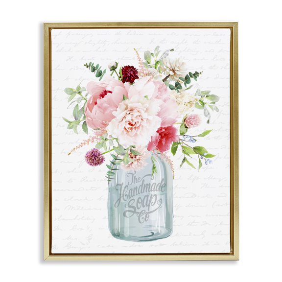 Stupell Industries Farmhouse Bright Pink Floral Bouquet Cursive Script Pattern Gold Floating Frame Canvas Art, 17 x 21, by Lettered and Lined