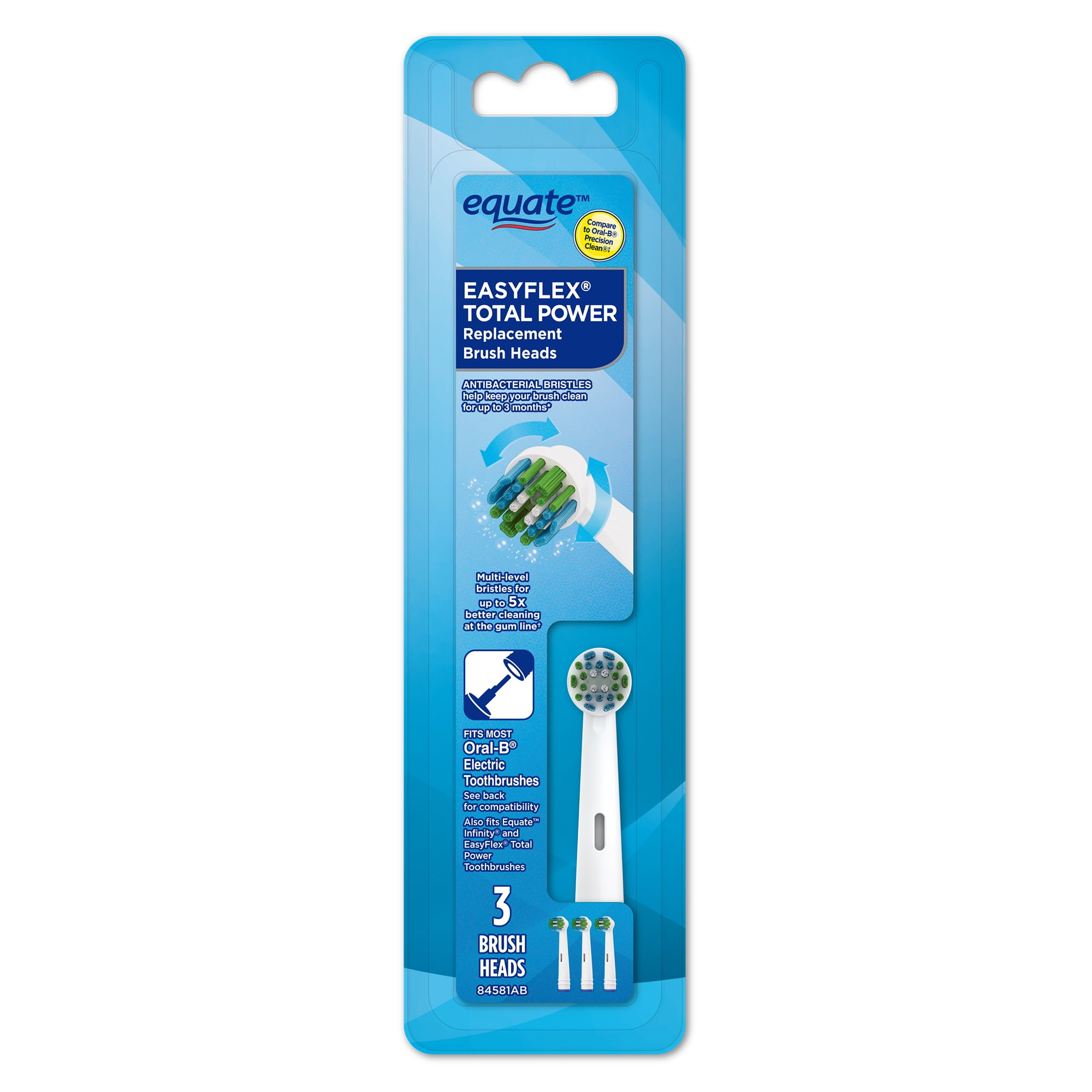 Equate EasyFlex Total Power Replacement Toothbrush Heads with Bacteria Defense Bristles, 3 count