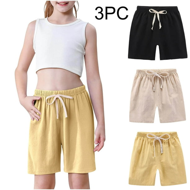 Odeerbi 2-10 Años Niños Niñas 3 Pcs Verano Algodón Lino Pantalones Cortos Entrenamiento Deportivos Cortos Lindo Color Sólido Pantalones Cortos Suaves Respirables