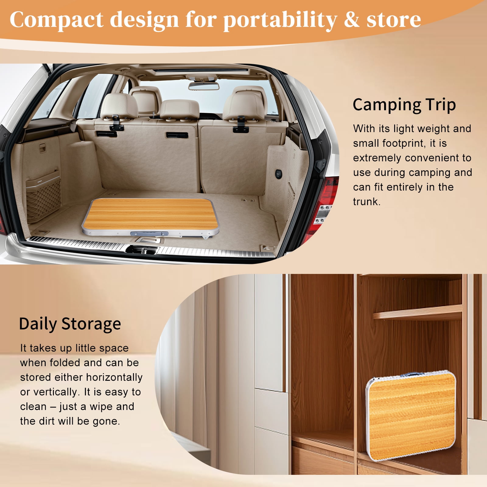2.3ft Aluminum Camping Folding Table wood grain color