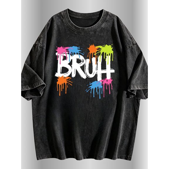 mens casual streetwear black washed t shirt lettering colorful splatter artistic ink vibrant neon colors urban hip hop style grunge distressed graphic tee for