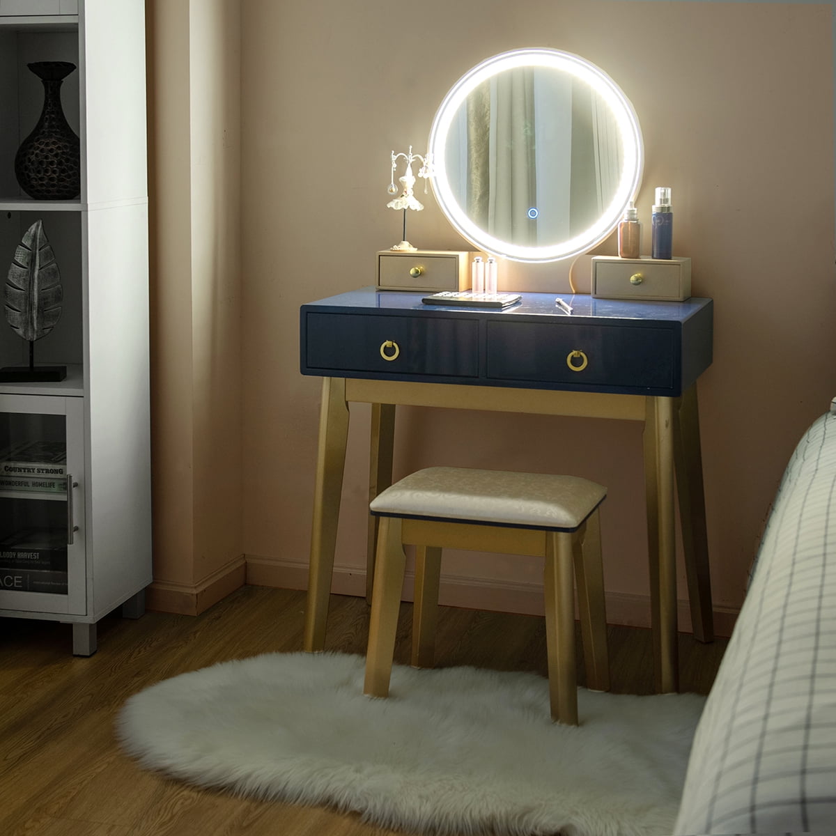 Gymax Vanity Makeup Dressing Table Set w/ Touch Screen Dimming Mirror Navy Blue