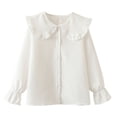 thumbnail image 4 of Staki Girl's Bow Front Shirt Cute Mock Neck Long Flounce Sleeve Blouse Top Girls Long Sleeve Uniform Shirts 4-8Y 9-10Y(White,9-10 Years), 4 of 9