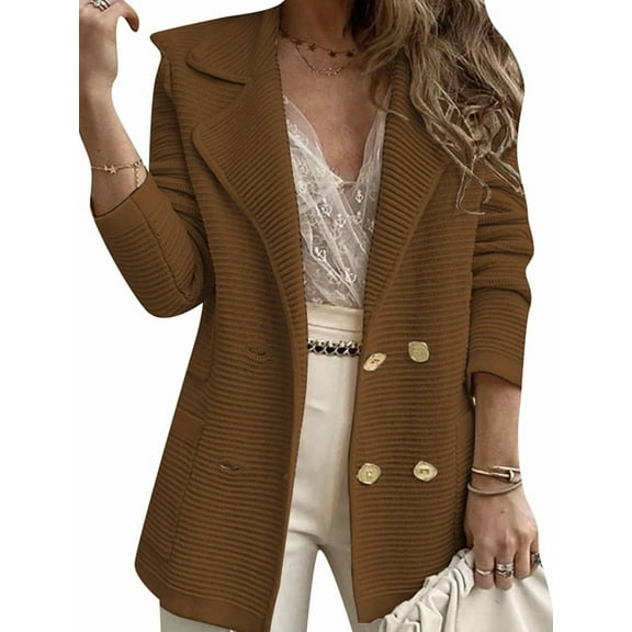 Women Long Sleeve Double Breasted Blazer Jackets Lapel Ribbed Open Front Fall Blazer Coats with Pockets Brown S