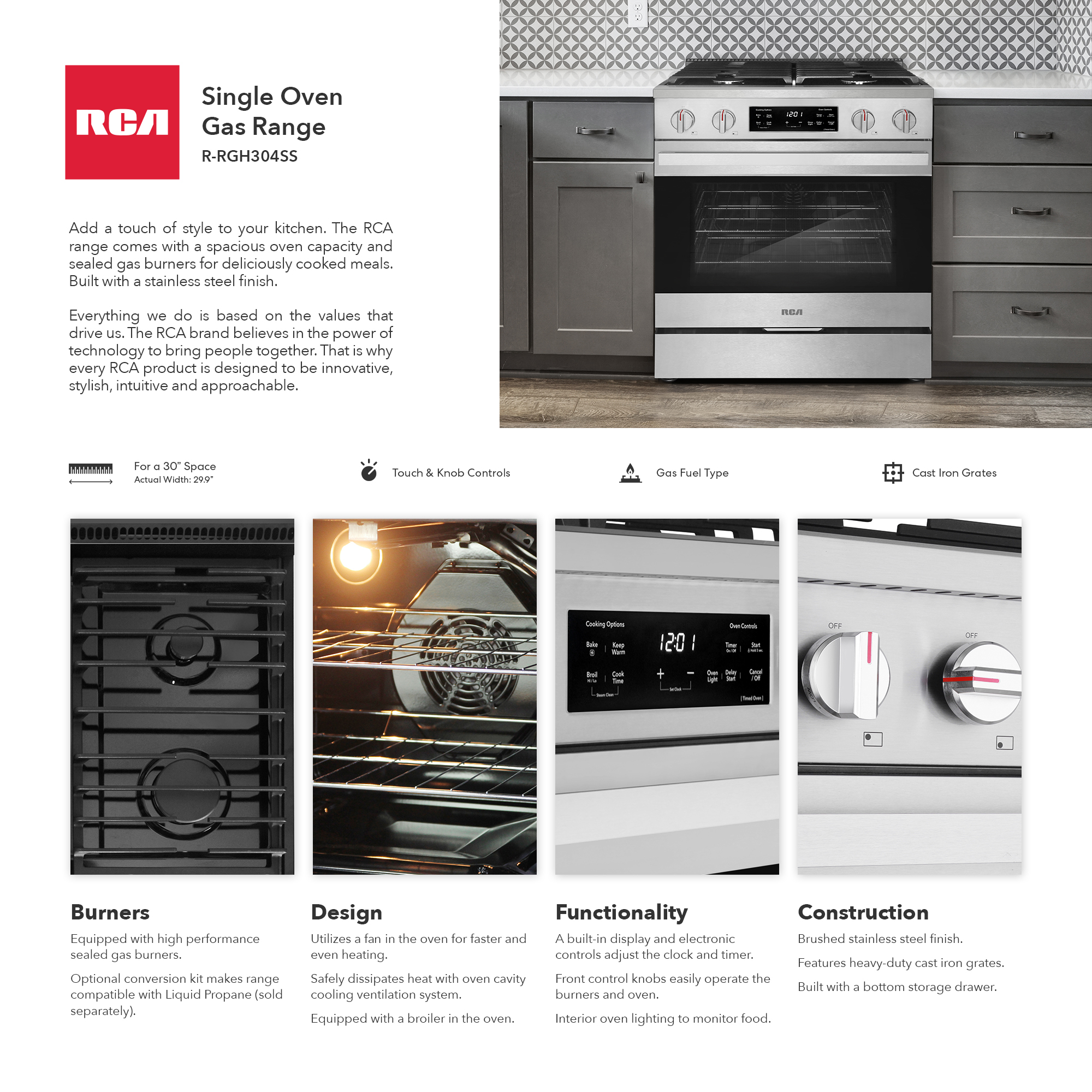 30 in. Heritage Collection 4.6 cu. ft. Gas Range with 4 Sealed Burners and Convection Oven in Stainless Steel
