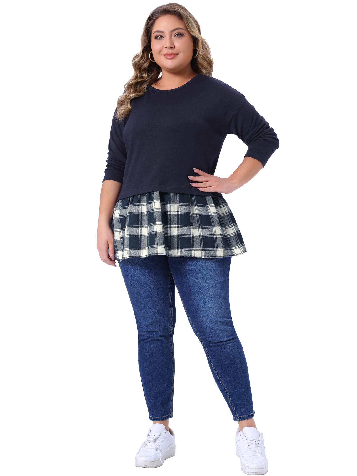 DARING DIVA Women's Plus Long Sleeve T Shirt Tops Patchwork Blouse 3X Navy Blue